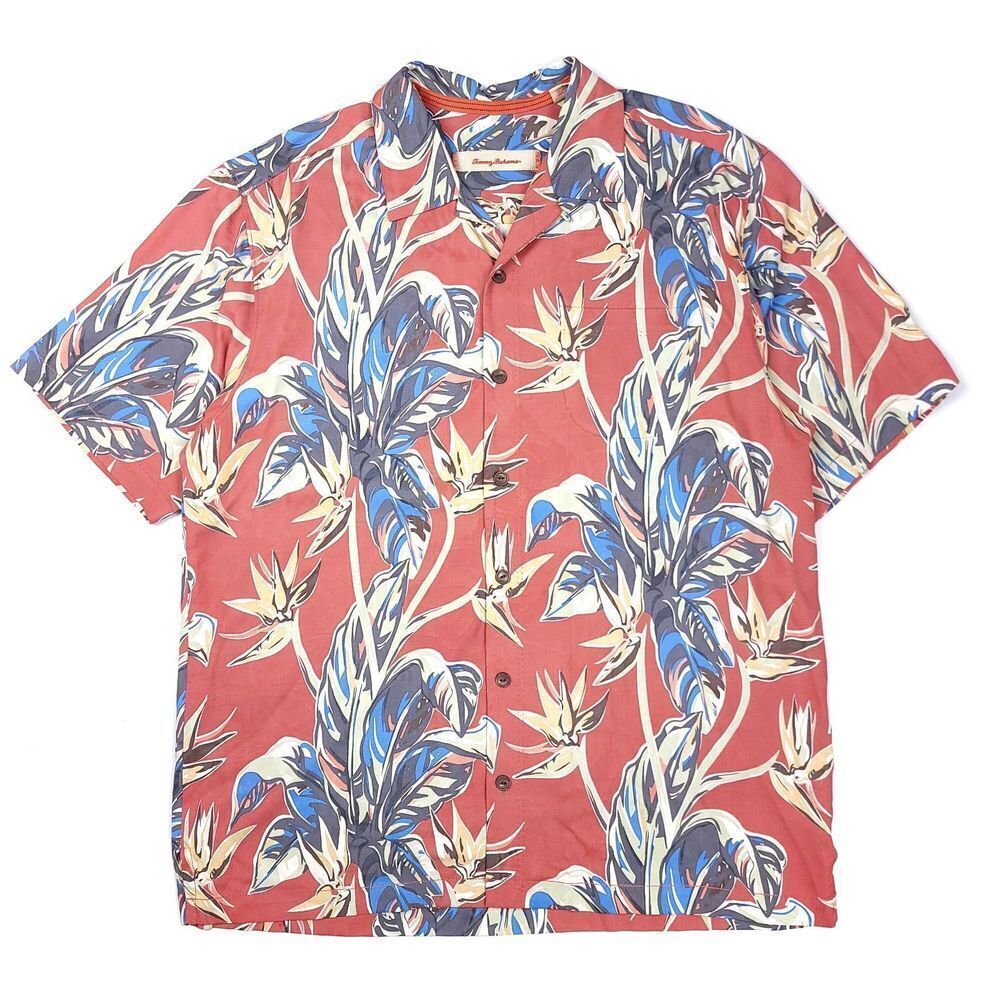 TOMMY BAHAMA 100% Silk Textured Short Sleeve Resort Button Down Coral Mens Large